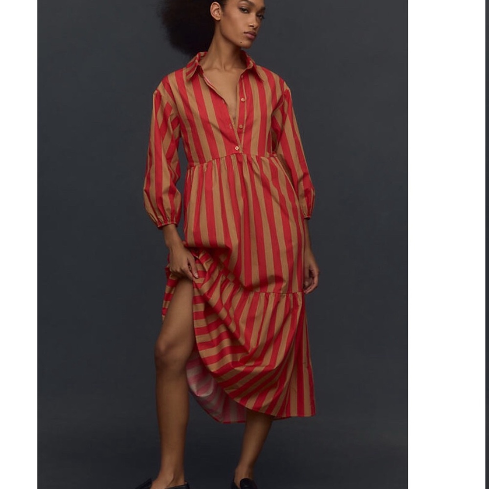Anthropologie Maeve The Bettina in Honey Red Striped Tiered Shirt Dress XS
